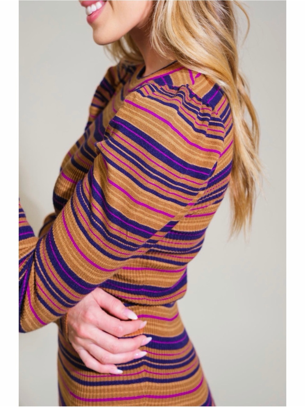 NWT-Flying Tomato Striped Puff-Sleeve Ribbed Top in Mustard & Purple - Picture 2 of 6